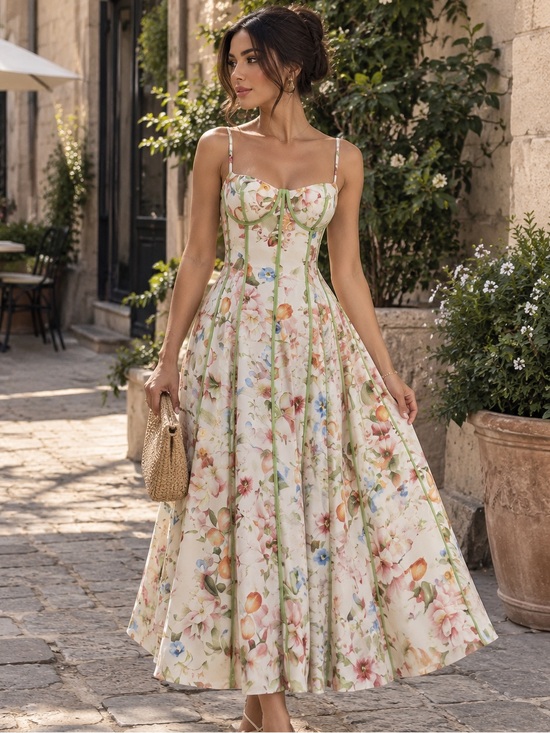 Commense Dresses & Skirts - Commense Corset Seam Tropical Floral Print Swing Midi Dress
